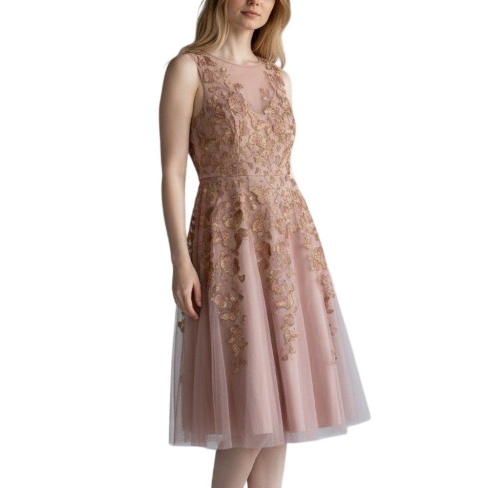 BCBGMAXAZRIA Eugene Blush Pink Tulle Butterfly Embroidered Midi Dress 4